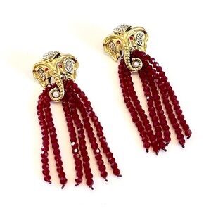 LUXURY DRAMA | Gold & Red Bead Tassel Elephant Elegant Statement Earrings | NWT